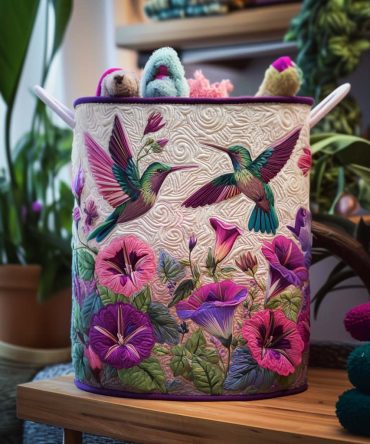 Hummingbird Meadow Foldable Laundry Hamper - Quilted Decorative Organizer, Large Capacity With Strong Handles And Machine-Washable Liner