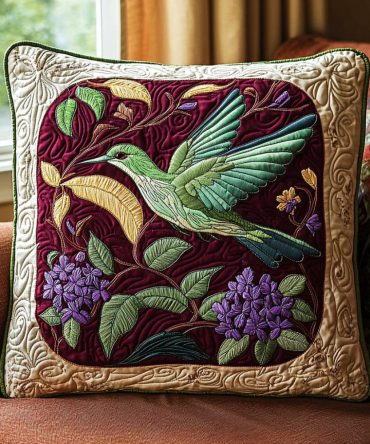 Hummingbird Melody Quilted Pillow Cover — Elegant Bird & Floral Decorative Throw Sham For Bedroom & Couch, Soft Quilted Finish