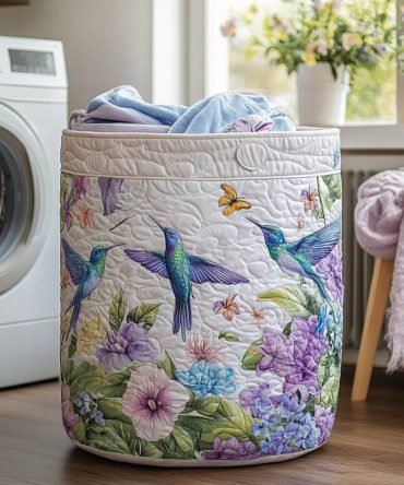 Hummingbird Whirl Quilted Laundry Hamper - Colorful Bird Print Fabric Basket, Foldable Washable Home Storage Organizer