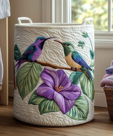 Hummingbird Whisper Quilted Laundry Hamper — Soft Floral Fabric Basket With Handles, Space-Saving Collapsible Design