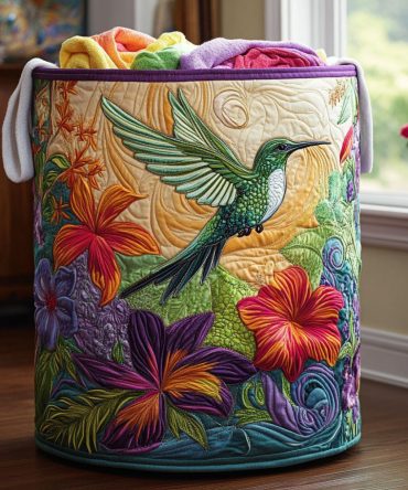 Hummingbird Whisper Quilted Laundry Hamper — Floral Hummingbird Design Collapsible Laundry Basket, Washable Storage For Closet & Nursery