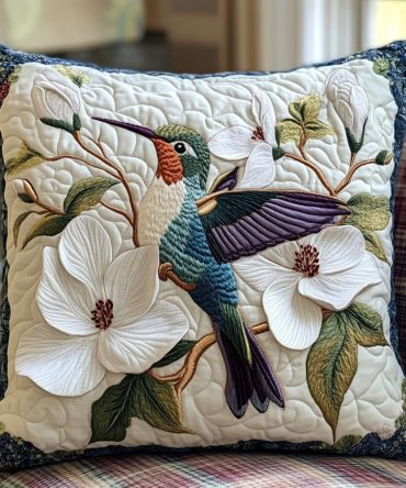 Hummingbird Whispers Quilted Pillow Cover — Delicate Floral Bird Throw Sham For Bed & Sofa, Soft Cotton-Blend, Easy Care