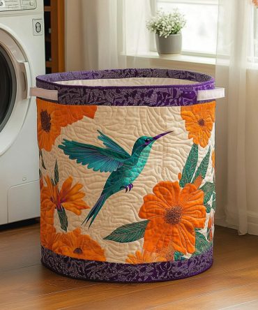 Hummingbird Whispers Quilted Laundry Hamper — Elegant Hummingbird Print, Collapsible Quilted Basket With Reinforced Handles & Soft Touch