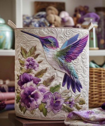 Hummingbird In Bloom Quilted Laundry Basket – Floral & Bird Fabric Hamper, Foldable Decorative Storage For Bedroom & Nursery
