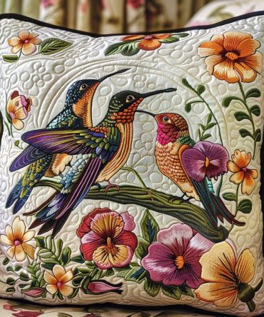 Family Of Hummingbirds Quilted Pillow Cover – Multi-Bird Floral Throw Pillowcase, Cozy Quilted Accent For Living Room, Nursery & Gifts