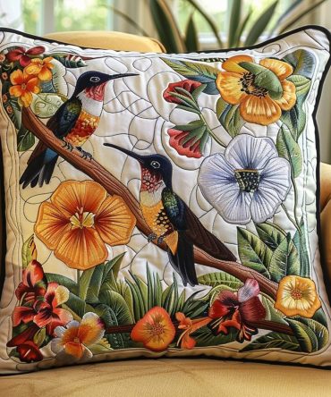 Hummingbirds Garden Quilted Pillow Cover – Lively Garden Floral Throw Pillowcase, Quilted Accent For Indoor & Covered Outdoor Seating
