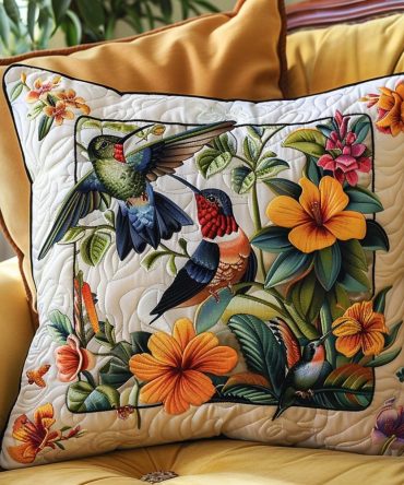Hummingbird Scenery Quilted Pillow Cover - Lively Garden Bird Print, Lightweight Cotton, Decorative Throw Accent, Machine Wash 18X18