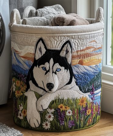 Husky Dreams Quilted Laundry Hamper – Dreamy Husky Print Foldable Laundry Basket, Soft Quilted Storage For Kids & Teens