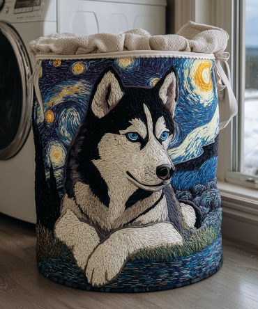 Husky Nights Quilted Laundry Basket — Trendy Dog-Themed Collapsible Hamper With Quilted Fabric, Spacious Interior & Comfortable Handles