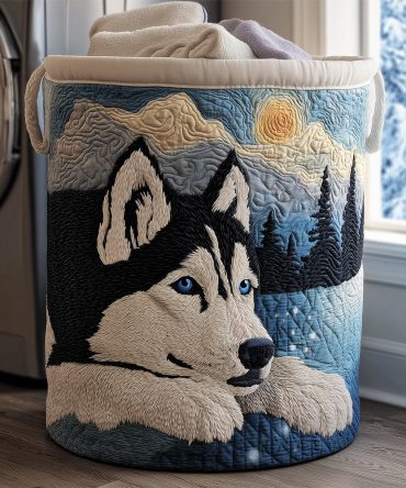 Husky Snow Quilted Laundry Hamper – Winter Husky Print Foldable Laundry Basket, Cozy Bedroom & Nursery Storage Solution