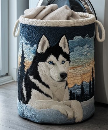 Husky Spirit Quilted Laundry Hamper – Arctic Dog Illustration Foldable Fabric Laundry Basket For Pet Rooms & Cozy Décor