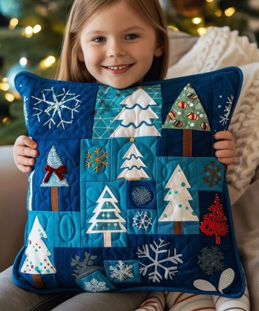 Icy Pines Quilted Throw Pillow Cover — Snowy Pine Forest Decorative Pillow Case For Winter Decor, Cool Blue Accent, Machine-Washable, Soft Fabric