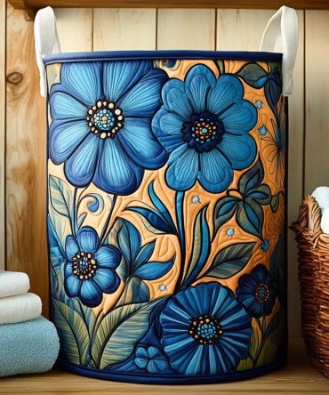 Indigo Bloom Harmony Quilted Laundry Hamper - Elegant Floral Foldable Fabric Basket For Stylish Closet, Bedroom & Linen Storage