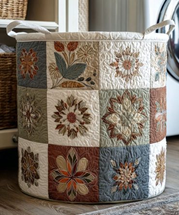 Infinity Bloom Quilted Laundry Hamper - Modern Floral Geometry, Collapsible Quilted Clothes Basket With Reinforced Handles For Easy Carry