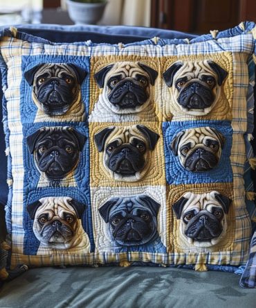 Handcrafted Pug Portrait Quilted Pillow Cover — Detailed Dog Art Cushion For Living Room, Gift For Pug Owners & Pet Décor
