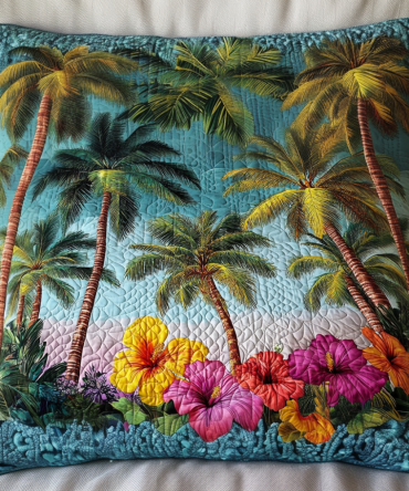 Island Bloom Quilted Decorative Pillow Cover — Tropical Floral Throw Pillowcase, Soft Quilted Texture, Durable & Machine Washable