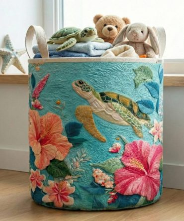 Island Breeze Haven Quilted Laundry Hamper – Large Tropical Breeze Pattern, Foldable Fabric Storage Basket With Comfortable Handles
