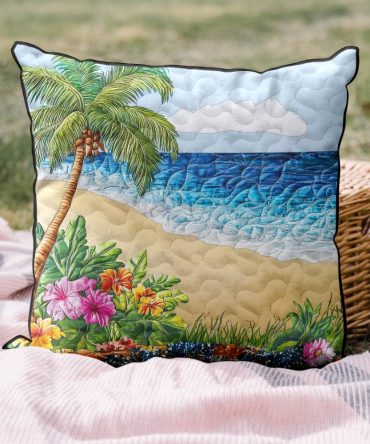 Island Escape Quilted Throw Pillow Cover — Tropical Decorative Cushion Sham With Lush Motif For Vacation-Style Living Rooms And Sunrooms