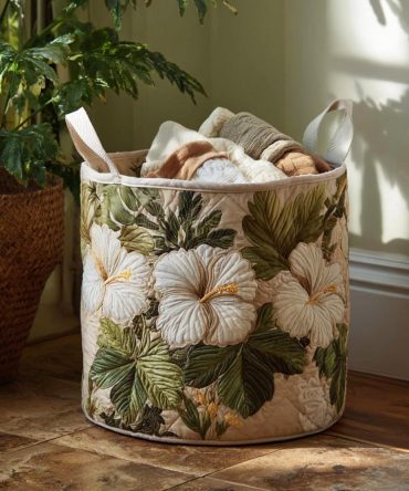 Island Glow Quilted Laundry Hamper - Tropical Foldable Laundry Basket With Handles, Beach-Inspired Decor & Lightweight Home Storage Solution