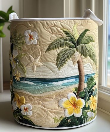 Island Glow Quilted Laundry Hamper — Tropical Fabric Laundry Basket, Sturdy Handles, Collapsible & Machine Washable