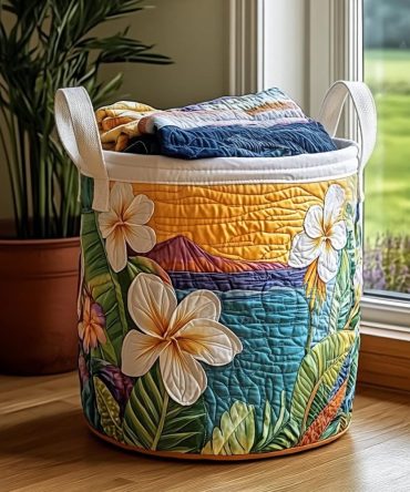 Island Retreat Quilted Laundry Hamper - Relaxing Tropical Foldable Laundry Basket With Handles, Stylish Storage For Home & Vacation Homes