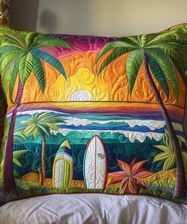 Island Waves Quilted Pillow Cover — Tropical Wave Pattern Decorative Case, Breathable Quilted Accent For Coastal, Beach & Modern Interiors