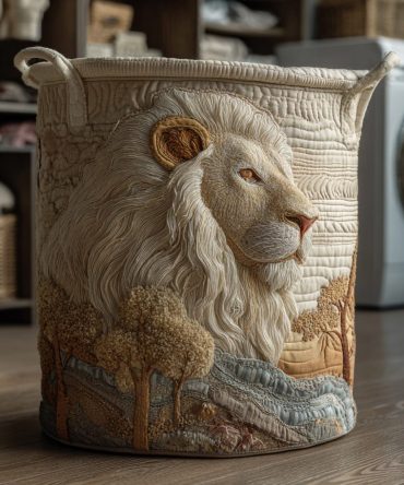 Ivory Lion King Quilted Laundry Hamper — Elegant Cream Lion Motif Laundry Basket With Durable Handles For Regal Home Organization