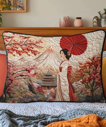 Japanese Geisha Quilted Pillowcase — Oriental Floral & Geisha Art Accent, Soft Quilted Textile For Elegant Bedroom Or Guest Room