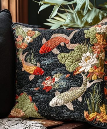 Japanese Koi Elegance Quilted Pillow Cover — Artistic Koi Fish Throw Pillow Sham For Zen, Minimalist & Asian-Inspired Interiors (Textured)