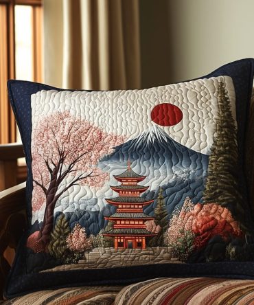 Japanese Pagoda Quilted Pillow Cover - Elegant Asian-Inspired Decorative Pillowcase For Bed & Sofa, Soft Cotton-Blend Sham Reversible