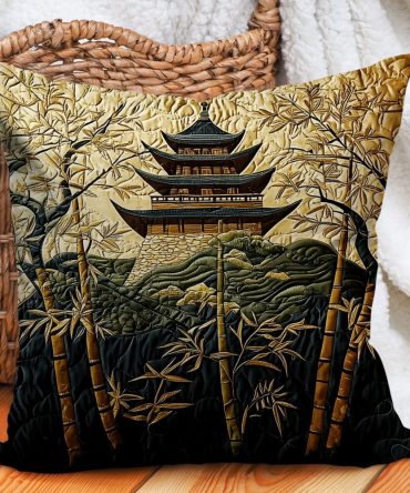 Japanese Pagoda Gold Quilted Pillow Cover — Elegant Oriental Throw Sham For Sofa & Bed, Soft Quilted Finish, Washer-Safe