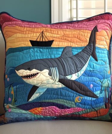 Jaws Of The Sea Quilted Pillow Cover — Bold Shark Print Cushion Case For Nautical & Coastal Decor, Kids Rooms & Beach Houses, Hidden Zipper, Machine-Washable