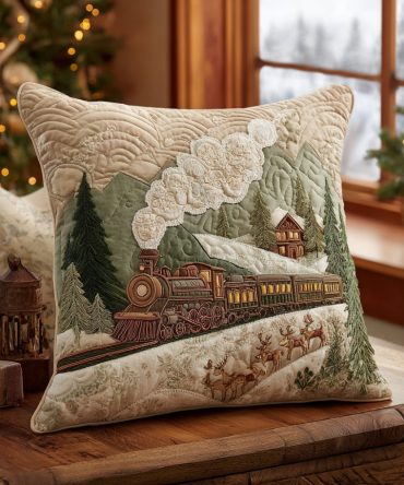 Jingle Bell Express Quilted Holiday Pillowcase - Festive Christmas Train Throw Cover, Soft Decorative Accent For Living Room