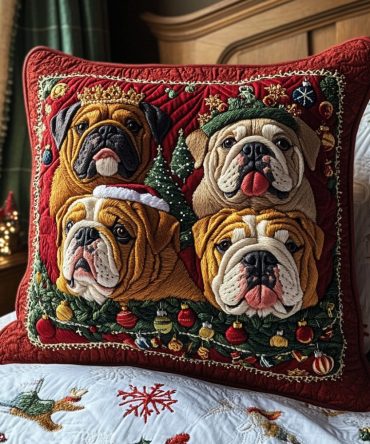 Jingle Bulldog Joy Quilted Pillow Cover — Festive Bulldog Holiday Throw Pillow Case For Cozy Living Room, Pet-Lover Gift & Seasonal Styling