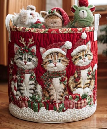 Festive Jingle Cat Quilted Laundry Hamper – Holiday Cat-Themed Foldable Laundry Basket, Decorative Storage For Home & Gifting