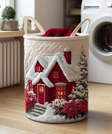 Festive Quilted Laundry Hamper With Carry Handles — Jingle Path Pattern, Foldable Storage Basket For Home & Holidays
