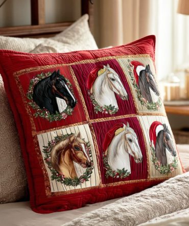 Jingle Riders Quilted Holiday Pillow Cover — Festive Sleigh & Bell Decorative Throw Pillow Case For Christmas & Seasonal Decor