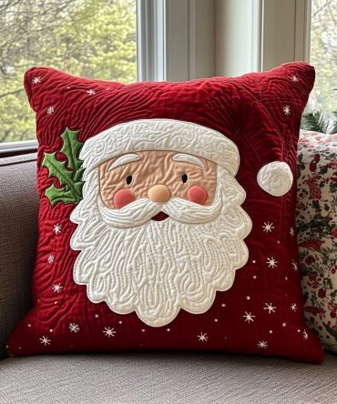 Jingle Santa Quilted Decorative Pillow Cover - Cheerful Santa Claus Christmas Throw Pillowcase, Quilted Microfiber Holiday Accent For Festive Living Spaces