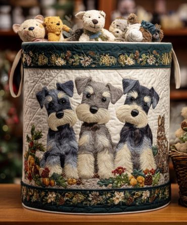 Jingle Schnauzer Quilted Laundry Hamper — Festive Schnauzer Pattern Foldable Storage Basket With Reinforced Handles & Washable Liner
