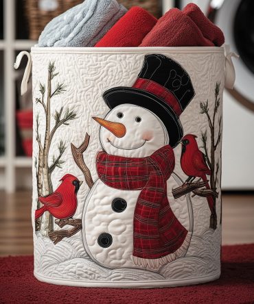 Jingle Snow Friend Quilted Laundry Hamper — Fun Holiday Storage Basket With Vibrant Print, Sturdy Handles & Compact Foldability