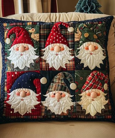 Jolly Gnomes Quilted Pillow Cover — Whimsical Holiday Throw For Entryway & Couch, Durable Quilted Accent Pillowcase