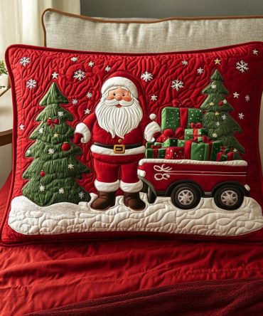Jolly Holiday Express Festive Quilted Pillow Cover - Charming Christmas Train Cotton Pillowcase For Seasonal Mantel And Living Room Decor