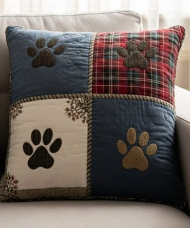 Jolly Paw Holiday Quilted Throw Pillow Cover — Festive Paw Print Design, Plush Quilting, Durable Fabric, Hidden Zipper, Machine-Washable Seasonal Accent