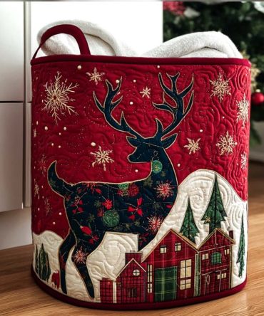 Jolly Antlers Quilted Laundry Hamper - Playful Antler Pattern Collapsible Fabric Basket, Lined & Durable For Festive Home Organization