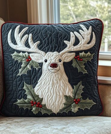 Jolly Antlers Quilted Decorative Pillow Cover — Playful Christmas Throw Pillowcase For Sofa, Chair & Holiday Mantel Styling
