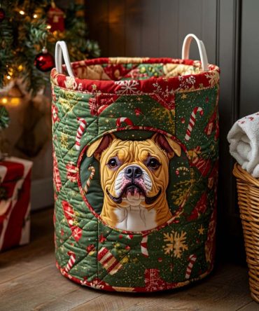 Playful Bulldog Quilted Laundry Hamper - Durable Pet-Themed Fabric Basket, Collapsible Organizer For Bedroom & Bathroom