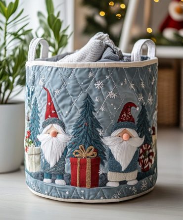 Jolly Gnome Quilted Laundry Basket – Whimsical Gnome Print Fabric Hamper, Foldable Decorative Organizer For Holiday & Everyday Use