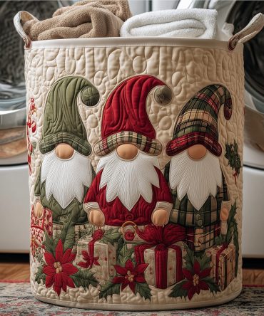 Jolly Gnome Pattern Quilted Fabric Laundry Hamper - Heavy-Duty Collapsible Basket, Machine-Washable, Holiday Gift-Ready