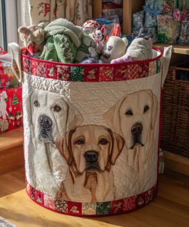 Jolly Lab Sparkle Quilted Laundry Hamper — Festive Dog-Print Collapsible Clothes Bin With Reinforced Handles For Easy Carry & Storage