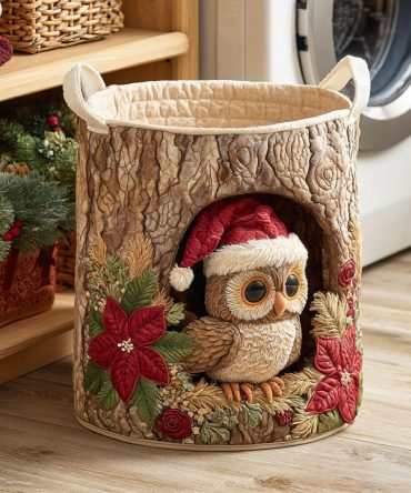 Jolly Owl Quilted Laundry Hamper – Festive Collapsible Fabric Storage Basket With Handles For Kids’ Rooms, Dorms & Holiday Decor